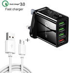 สายข้อมูล 2 in 1 1 เมตร USB เป็น Micro USB + ชุดชาร์จเร็ว 30W QC 3.0 พร้อมพอร์ต USB 4 ช่อง สำหรับโทรศัพท์มือถือ แท็บเล็ต และพีซี ชาร์จเร็วอเนกประสงค์ ชุดชาร์จเดินทาง พร้อมปลั๊ก UK, ชุด Micro USB พร้อมปลั๊ก UK