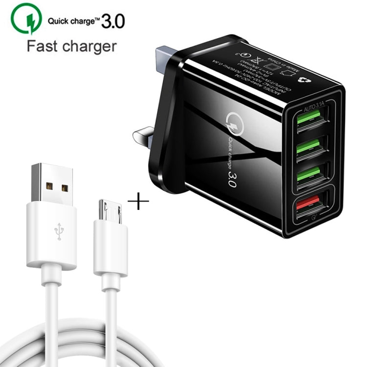 สายข้อมูล 2 in 1 1 เมตร USB เป็น Micro USB + ชุดชาร์จเร็ว 30W QC 3.0 พร้อมพอร์ต USB 4 ช่อง สำหรับโทรศัพท์มือถือ แท็บเล็ต และพีซี ชาร์จเร็วอเนกประสงค์ ชุดชาร์จเดินทาง พร้อมปลั๊ก UK, ชุด Micro USB พร้อมปลั๊ก UK