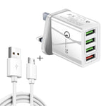 สายข้อมูล 2 in 1 1 เมตร USB เป็น Micro USB + ชุดชาร์จเร็ว 30W QC 3.0 พร้อมพอร์ต USB 4 ช่อง สำหรับโทรศัพท์มือถือ แท็บเล็ต และพีซี ชาร์จเร็วอเนกประสงค์ ชุดชาร์จเดินทาง พร้อมปลั๊ก UK, ชุด Micro USB พร้อมปลั๊ก UK