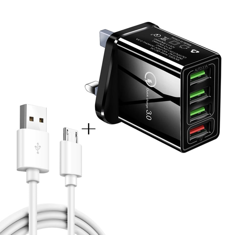 สายข้อมูล 2 in 1 1 เมตร USB เป็น Micro USB + ชุดชาร์จเร็ว 30W QC 3.0 พร้อมพอร์ต USB 4 ช่อง สำหรับโทรศัพท์มือถือ แท็บเล็ต และพีซี ชาร์จเร็วอเนกประสงค์ ชุดชาร์จเดินทาง พร้อมปลั๊ก UK, ชุด Micro USB พร้อมปลั๊ก UK