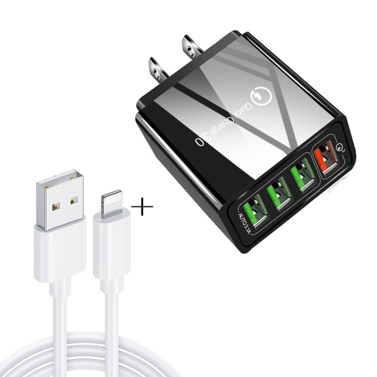 2 in 1 สายข้อมูล USB 1 เมตร ถึง 8 Pin + ชุดชาร์จเร็ว 30W QC 3.0 4 อินเตอร์เฟซ USB สำหรับโทรศัพท์มือถือ แท็บเล็ต คอมพิวเตอร์พกพา ชาร์จเร็วอเนกประสงค์ ชุดชาร์จเดินทาง ปลั๊ก US, ชุด 8 Pin ปลั๊ก US