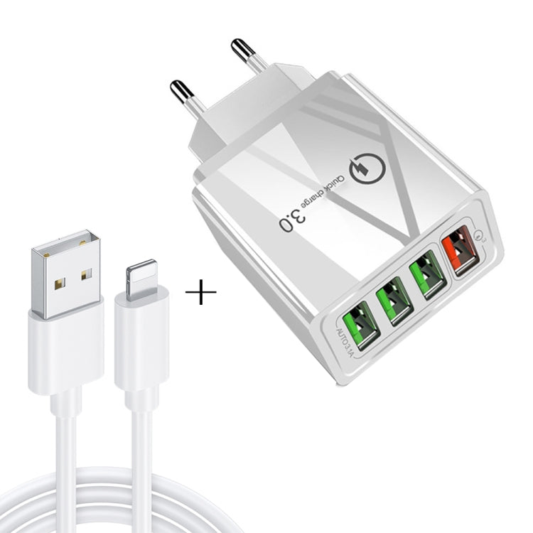 2 in 1 สายข้อมูล USB 1 เมตร ถึง 8 Pin + ชุดชาร์จเร็ว 30W QC 3.0 4 อินเตอร์เฟซ USB สำหรับโทรศัพท์มือถือ แท็บเล็ต คอมพิวเตอร์พกพา ชาร์จเร็วอเนกประสงค์ ชุดชาร์จเดินทาง ปลั๊ก EU, ชุด 8 Pin ปลั๊ก EU
