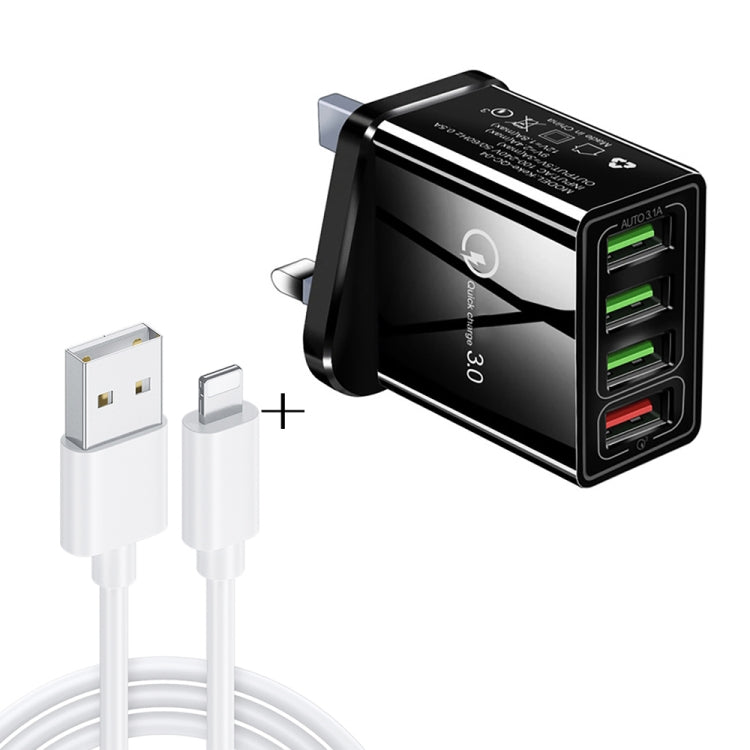 2 in 1 สายข้อมูล USB 1 เมตร ถึง 8 Pin + ชุดชาร์จเร็ว 30W QC 3.0 4 อินเตอร์เฟซ USB สำหรับโทรศัพท์มือถือ แท็บเล็ต คอมพิวเตอร์พกพา ชาร์จเร็วอเนกประสงค์ ชุดชาร์จเดินทาง ปลั๊ก UK, ชุด 8 Pin ปลั๊ก UK