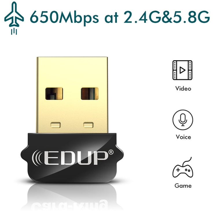 อะแดปเตอร์ USB WIFI EDUP EP-AC1651 ความเร็ว 650Mbps สองย่านความถี่ 5G/2.4GHz การ์ดเครือข่ายไร้สายภายนอก Wifi Dongle รับสัญญาณสำหรับแล็ปท็อป Windows MacOS