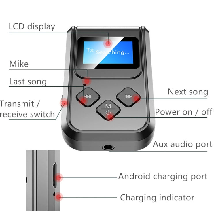 T15 เครื่องรับส่งเพลงบลูทูธ 5.0 2 in 1 พร้อมหน้าจอ, T15