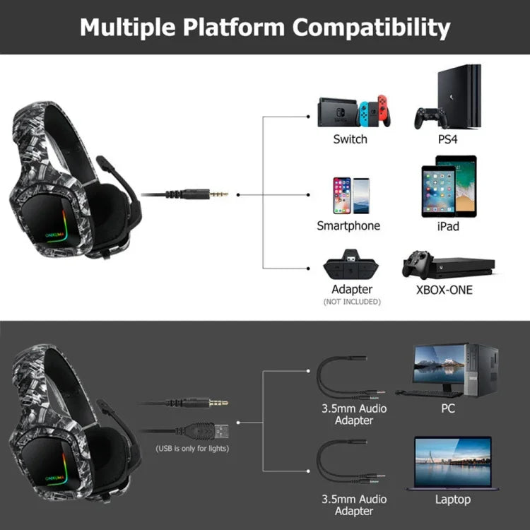 ONIKUMA K20 PS4 Surround Sound Bass PC Gamer Headphone with Microphone, RGB Light
