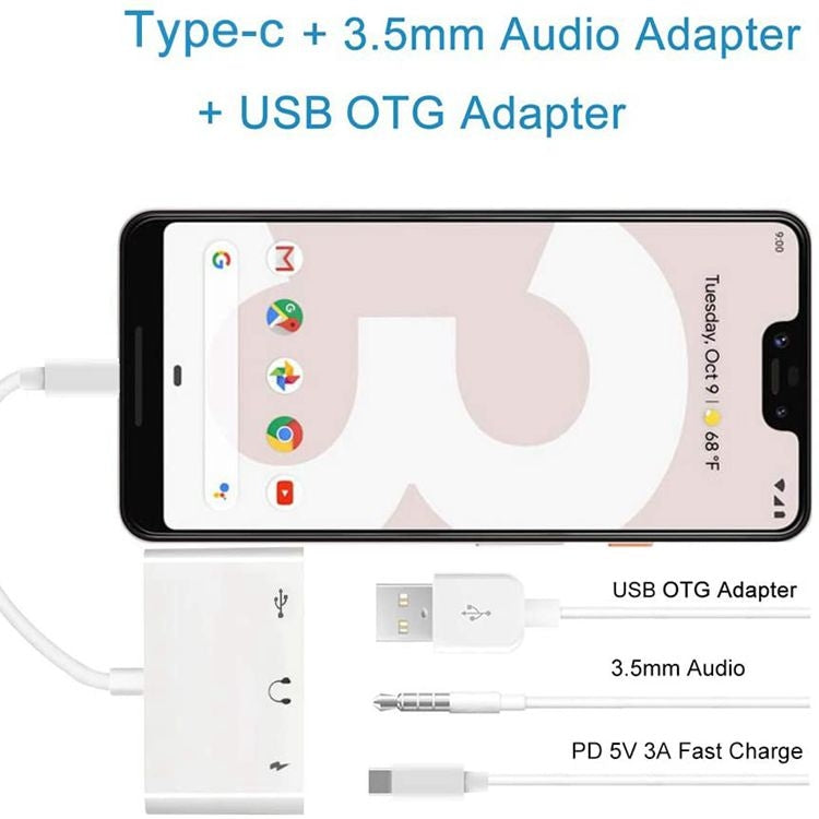 อะแดปเตอร์ USB-C OTG 3 in 1 พร้อมแจ็คหูฟัง 3.5 มม. ใช้ได้กับ iPad Pro และโทรศัพท์ที่มีแจ็ค Type-C, 3 in 1