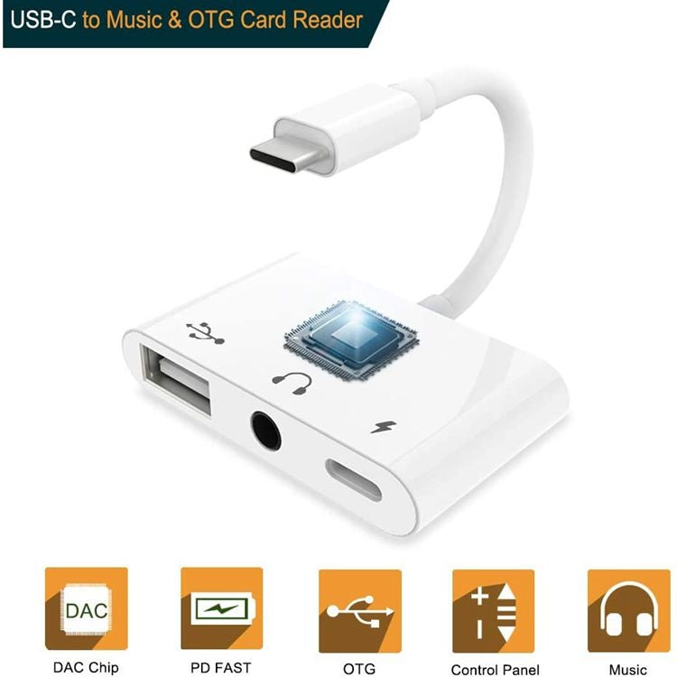 อะแดปเตอร์ USB-C OTG 3 in 1 พร้อมแจ็คหูฟัง 3.5 มม. ใช้ได้กับ iPad Pro และโทรศัพท์ที่มีแจ็ค Type-C, 3 in 1