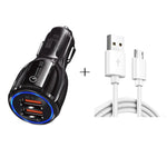 Qc3.0 Dual USB Car Charger + Micro USB Fast Charging Cable Car Charging Kit, Micro USB (White), Micro USB (Black)