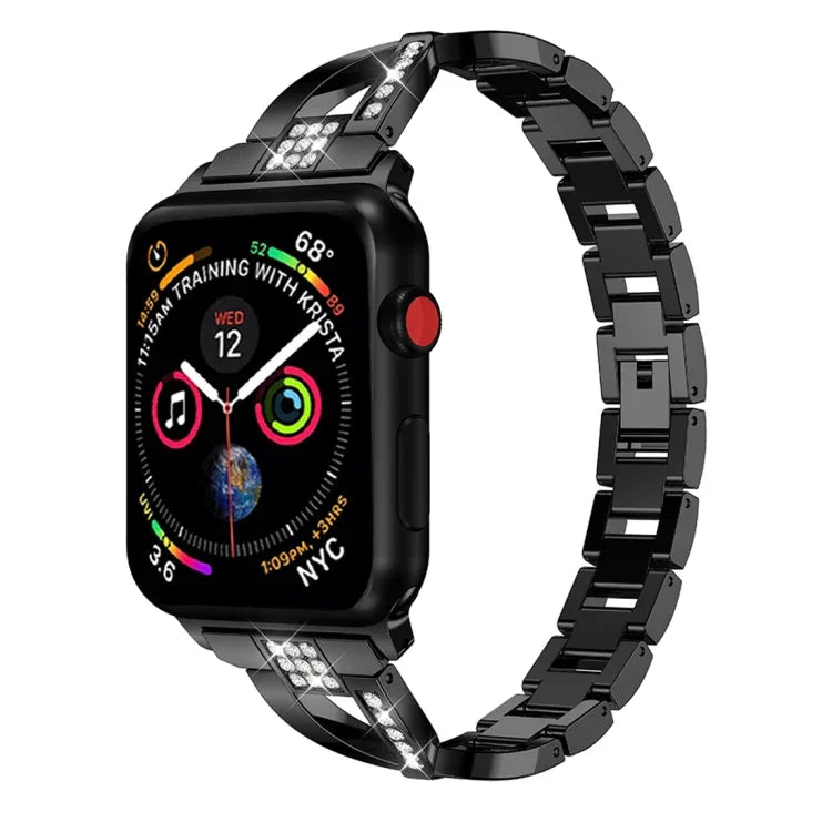 สายสแตนเลสสตีลแข็งประดับเพชรรูปตัว X สำหรับ Apple Watch Series 3 & 2 & 1 38 มม.