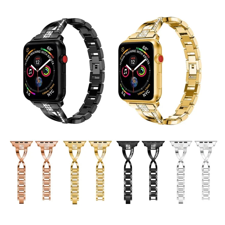 สายสแตนเลสสตีลแข็งประดับเพชรรูปตัว X สำหรับ Apple Watch Series 3 & 2 & 1 38 มม.