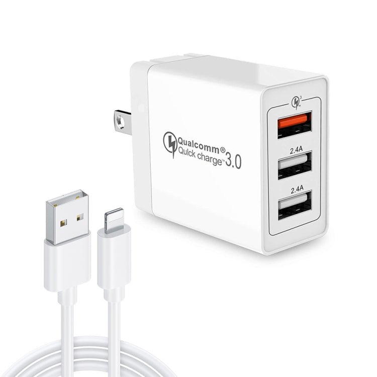 ชุดสายข้อมูล USB 2 in 1 เป็น 8 Pin + ที่ชาร์จเร็ว 30W QC 3.0 USB + ช่อง USB 2.0 คู่ 2.4A สำหรับโทรศัพท์มือถือ แท็บเล็ตพีซี, ปลั๊กสหรัฐอเมริกา พร้อมสาย 8 Pin