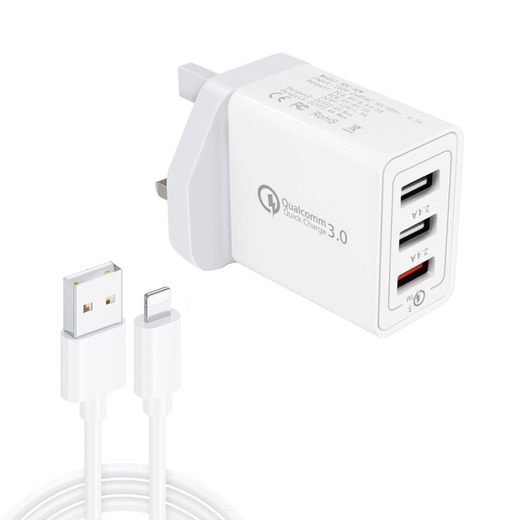 สายข้อมูล 2 in 1 USB เป็น 8 Pin พร้อมที่ชาร์จเร็ว 30W QC 3.0 USB + พอร์ต USB 2.0 คู่ 2.4A สำหรับโทรศัพท์มือถือ แท็บเล็ต พีซี ชุดชาร์จเร็วอเนกประสงค์ สำหรับเดินทาง ปลั๊ก UK พร้อมสาย 8 Pin ปลั๊ก UK