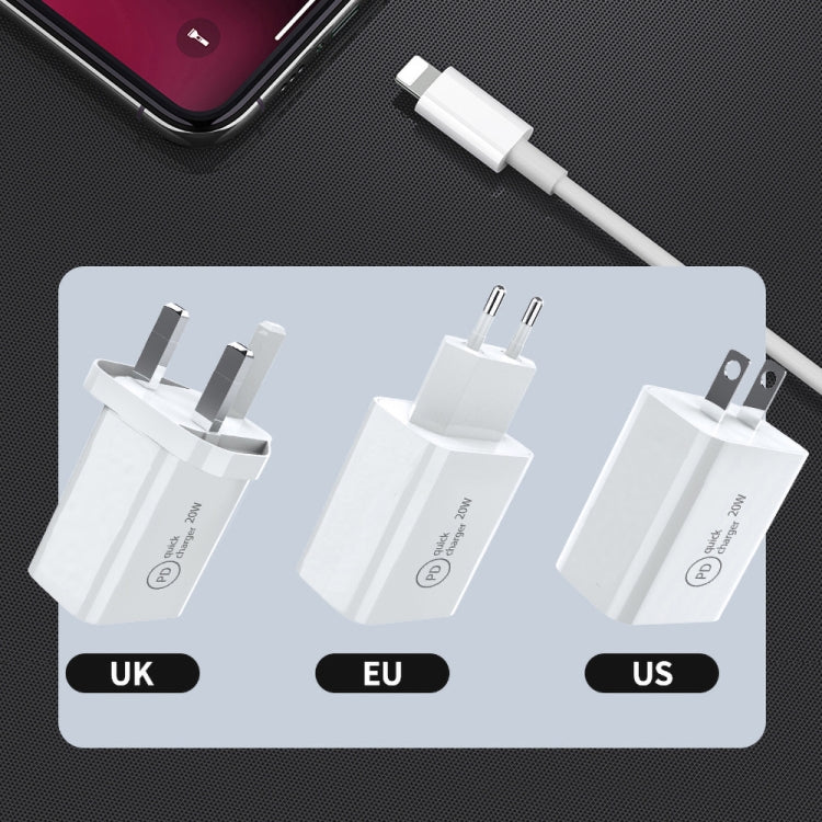 SDC-20W ชาร์จเร็ว 2 in 1 PD 20W USB-C / Type-C สำหรับเดินทาง + สายชาร์จข้อมูล 3A PD3.0 USB-C / Type-C เป็น 8 Pin ชาร์จเร็ว ความยาวสาย: 1m, ปลั๊ก US, ปลั๊ก EU, ปลั๊ก UK