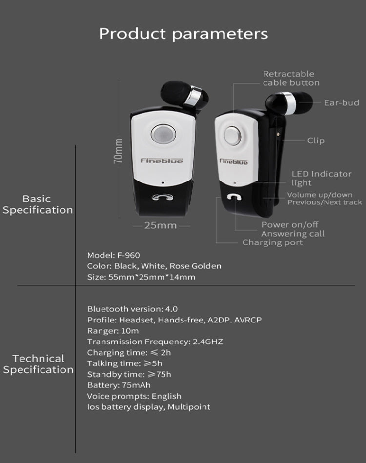 F960 หูฟังบลูทูธ CSR4.1 สายเก็บได้ เตือนสายเรียกเข้าแบบสั่น ป้องกันการโจรกรรม สีดำ ขาว เงิน