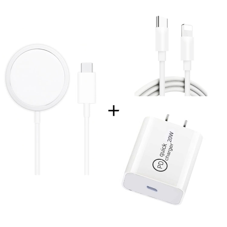 XJ-32 3 in 1 ชาร์จไร้สายแม่เหล็ก 15W + ชาร์จเร็ว PD 20W USB-C / Type-C สำหรับเดินทาง + สายชาร์จเร็ว USB-C / Type-C เป็น 8 Pin สำหรับ iPhone Series, ปลั๊ก US, ปลั๊ก EU, ปลั๊ก UK
