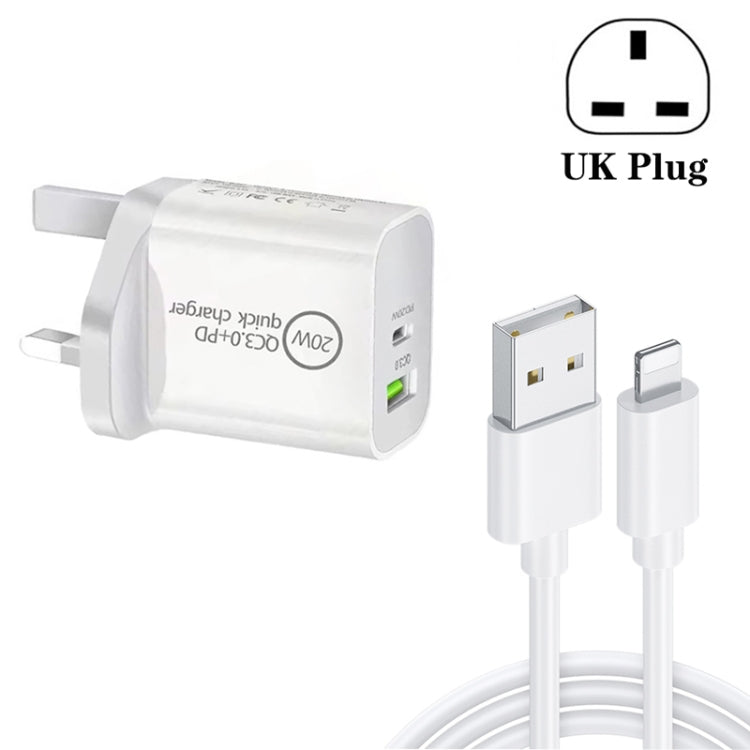 ที่ชาร์จเดินทางอเนกประสงค์ SDC-20WA+C 20W PD 3.0 + QC 3.0 USB ชาร์จเร็วคู่ พร้อมสายชาร์จข้อมูล Micro USB เป็น 8 Pin ชาร์จเร็ว ปลั๊ก UK, USB เป็น 8 Pin (ปลั๊ก UK)