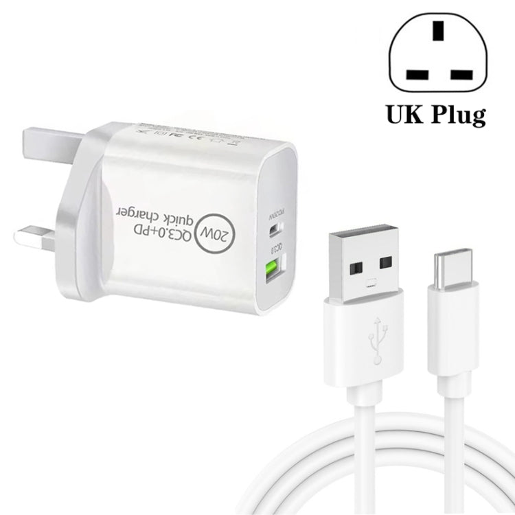 ที่ชาร์จเดินทางอเนกประสงค์ SDC-20WA+C 20W PD 3.0 + QC 3.0 USB ชาร์จเร็วคู่ พร้อมสายชาร์จข้อมูล USB เป็น Type-C / USB-C ชาร์จเร็ว ปลั๊ก UK, USB เป็น Type-C / USB-C (ปลั๊ก UK)