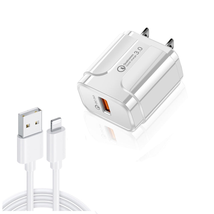 LZ-023 ชาร์จเร็วพกพา 18W QC 3.0 USB + สายข้อมูล USB ถึง 8 Pin 3A, ปลั๊ก US, สายข้อมูล USB ถึง 8 Pin, ปลั๊ก US, สาย 8 Pin, ปลั๊ก US