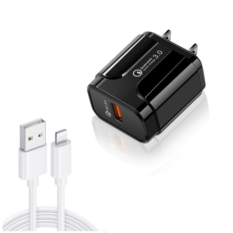 LZ-023 ชาร์จเร็วพกพา 18W QC 3.0 USB + สายข้อมูล USB ถึง 8 Pin 3A, ปลั๊ก US, สายข้อมูล USB ถึง 8 Pin, ปลั๊ก US, สาย 8 Pin, ปลั๊ก US