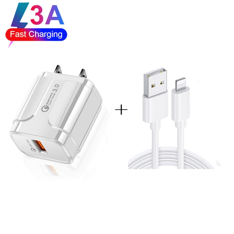 LZ-023 ชาร์จเร็วพกพา 18W QC 3.0 USB + สายข้อมูล USB ถึง 8 Pin 3A, ปลั๊ก US, สายข้อมูล USB ถึง 8 Pin, ปลั๊ก US, สาย 8 Pin, ปลั๊ก US