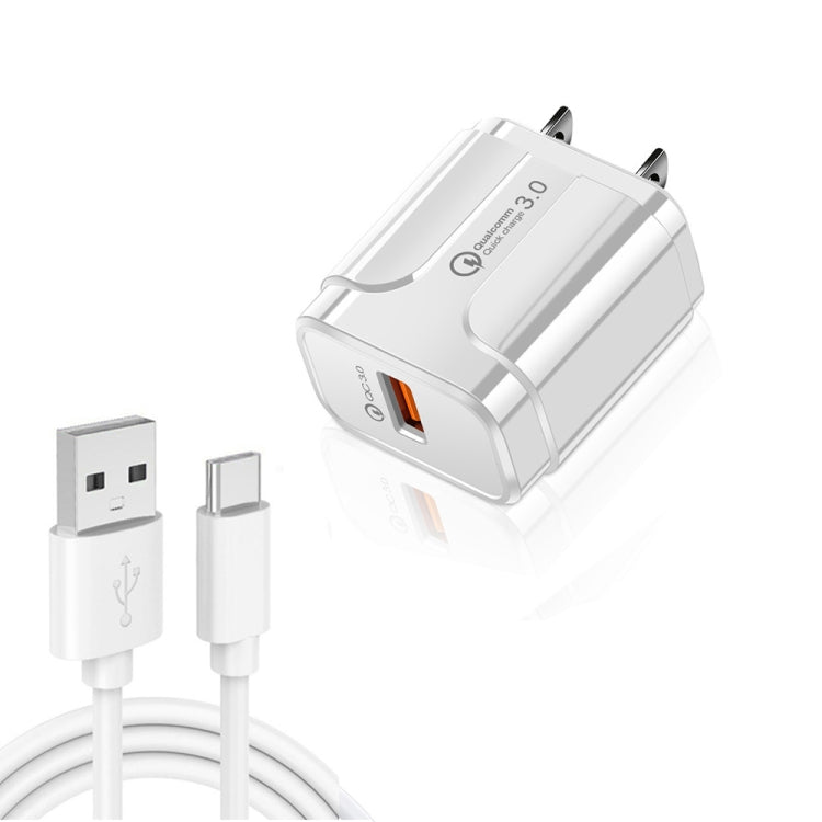 LZ-023 ชาร์จเร็ว 18W QC3.0 USB สำหรับเดินทาง + สายข้อมูล 3A USB เป็น Type-C, ปลั๊ก US, สายข้อมูล Type-C, ปลั๊ก US