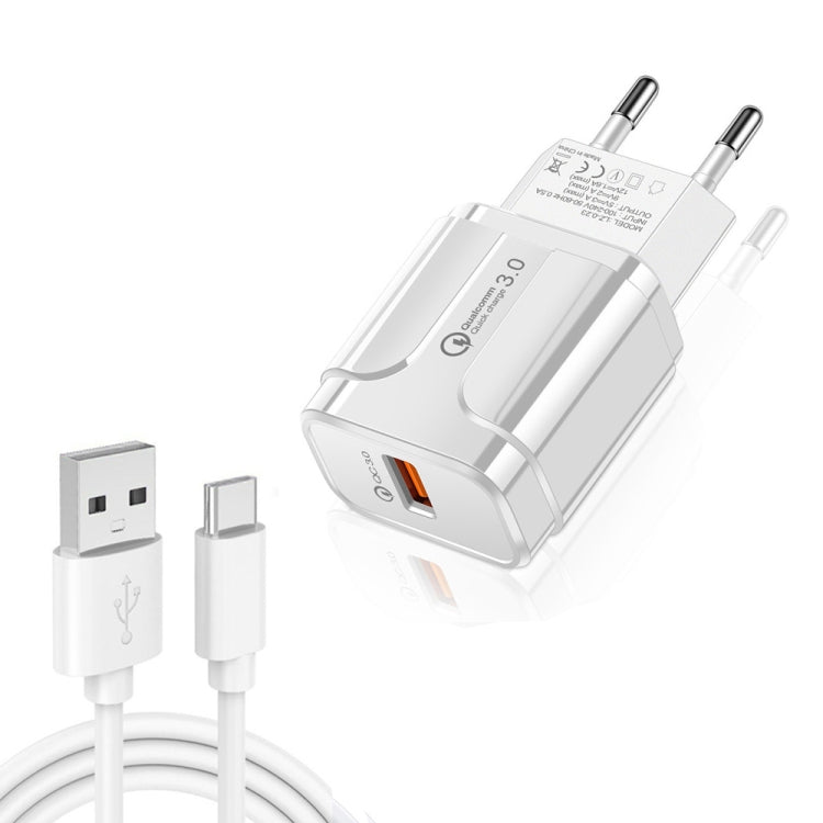 LZ-023 ชาร์จเร็ว 18W QC 3.0 USB สำหรับเดินทาง + สายข้อมูล 3A USB เป็น Type-C, ปลั๊ก EU, สายข้อมูล Type-C, ปลั๊ก EU