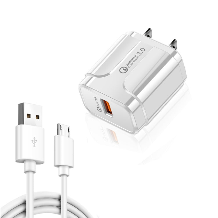 LZ-023 ชาร์จเร็ว 18W QC 3.0 USB สำหรับเดินทาง + สายข้อมูล 3A USB เป็น Micro USB, ปลั๊ก US, สายข้อมูล Micro USB, ปลั๊ก US