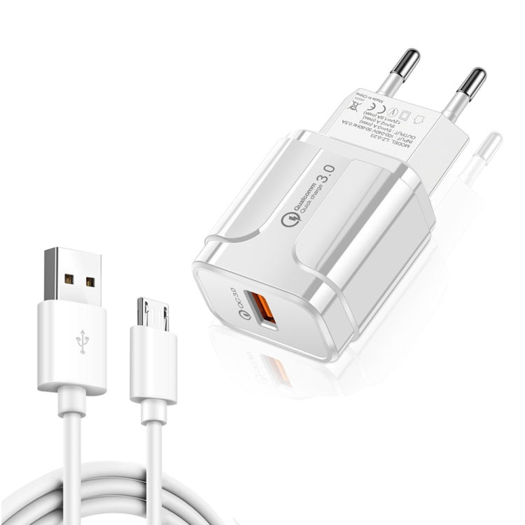 LZ-023 ชาร์จเร็ว 18W QC 3.0 USB สำหรับเดินทาง + สายข้อมูล 3A USB เป็น Micro USB, ปลั๊ก EU, สายข้อมูล Micro USB, ปลั๊ก EU