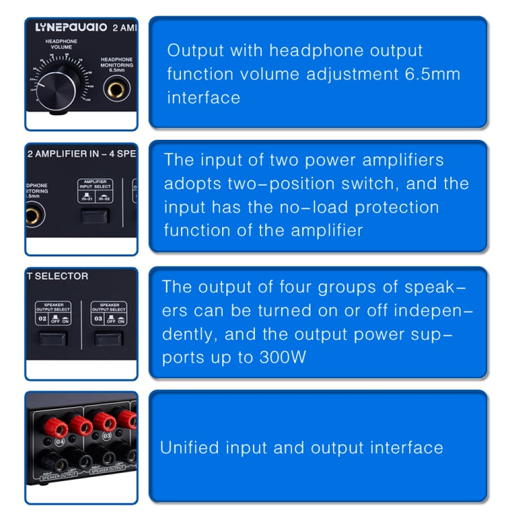 B032 เครื่องขยายเสียง 2 เข้า 4 ออก สวิตช์ลำโพง คุณภาพเสียงไม่สูญเสีย 300W ต่อช่อง สวิตช์ตัวเปรียบเทียบพร้อมฟังก์ชันตรวจสอบหูฟัง / อินพุตเสียง, B032