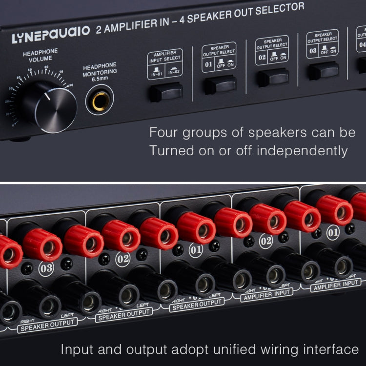 B032 เครื่องขยายเสียง 2 เข้า 4 ออก สวิตช์ลำโพง คุณภาพเสียงไม่สูญเสีย 300W ต่อช่อง สวิตช์ตัวเปรียบเทียบพร้อมฟังก์ชันตรวจสอบหูฟัง / อินพุตเสียง, B032