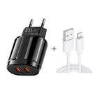 ชาร์จเร็วพกพาสองพอร์ต USB + สายข้อมูล USB ถึง 8 Pin ยาว 1 เมตร, ปลั๊ก EU