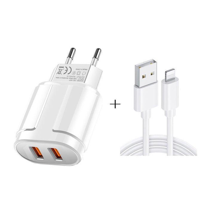 ชาร์จเร็วพกพาสองพอร์ต USB + สายข้อมูล USB ถึง 8 Pin ยาว 1 เมตร, ปลั๊ก EU