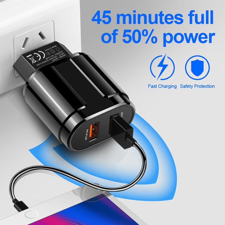ชาร์จเร็วพกพาสองพอร์ต USB + สายข้อมูล USB ถึง 8 Pin ยาว 1 เมตร, ปลั๊ก EU