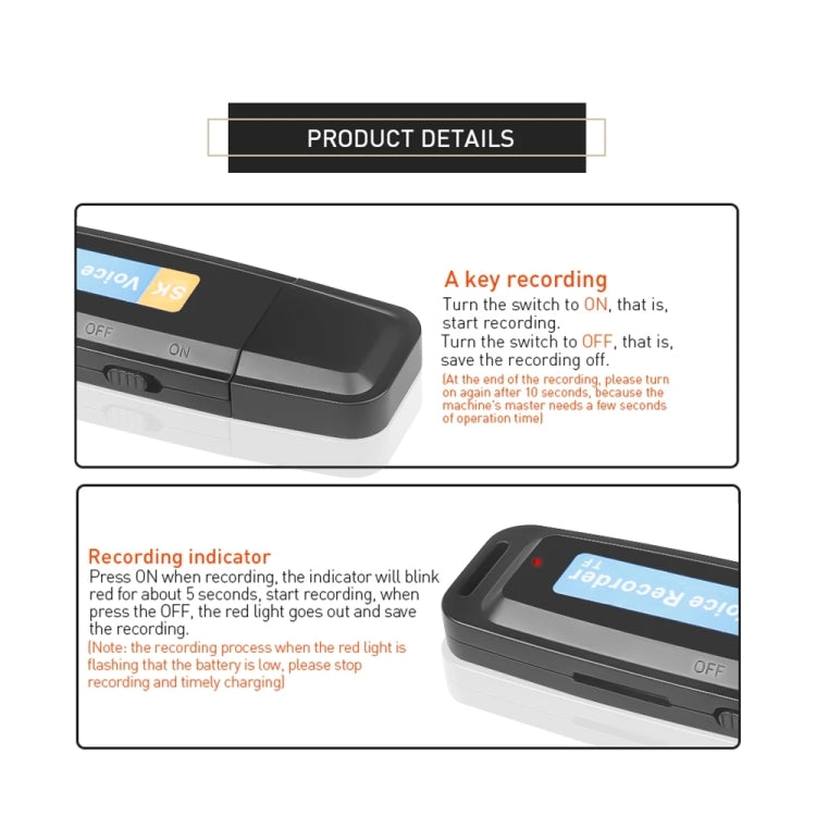 ปากกาบันทึกเสียงดิจิทัล USB แบบพกพาชาร์จได้มืออาชีพ SK001 รองรับการ์ด TF, 32GB