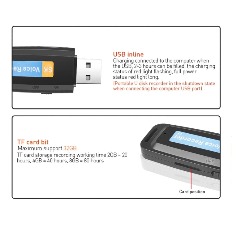 ปากกาบันทึกเสียงดิจิทัล USB แบบพกพาชาร์จได้มืออาชีพ SK001 รองรับการ์ด TF, 32GB