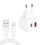 ที่ชาร์จเดินทางชาร์จเร็วคู่ 20W PD3.0 + QC3.0 พร้อมสายข้อมูล USB เป็น Type-C, ปลั๊ก EU, ปลั๊ก US, ปลั๊ก UK รุ่น YSY-6087PD