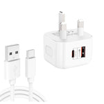 ที่ชาร์จเดินทางชาร์จเร็วคู่ 20W PD3.0 + QC3.0 พร้อมสายข้อมูล USB เป็น Type-C, ปลั๊ก EU, ปลั๊ก US, ปลั๊ก UK รุ่น YSY-6087PD