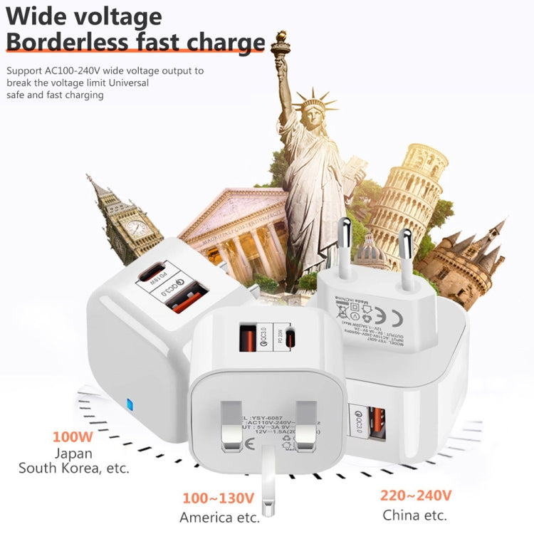 ที่ชาร์จเดินทางชาร์จเร็วคู่ 20W PD3.0 + QC3.0 พร้อมสายข้อมูล Type-C เป็น Type-C, ปลั๊ก EU, ปลั๊ก US, ปลั๊ก UK รุ่น YSY-6087PD