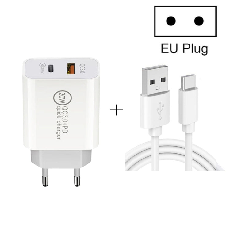 ชาร์จเร็ว 20W PD Type-C + QC 3.0 USB สำหรับเดินทาง พร้อมสายข้อมูล USB เป็น Type-C ชาร์จเร็ว, ปลั๊ก EU, ปลั๊ก US, ปลั๊ก AU