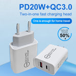 ชาร์จเร็ว 20W PD Type-C + QC 3.0 USB สำหรับเดินทาง พร้อมสายข้อมูล USB เป็น Type-C ชาร์จเร็ว, ปลั๊ก EU, ปลั๊ก US, ปลั๊ก AU