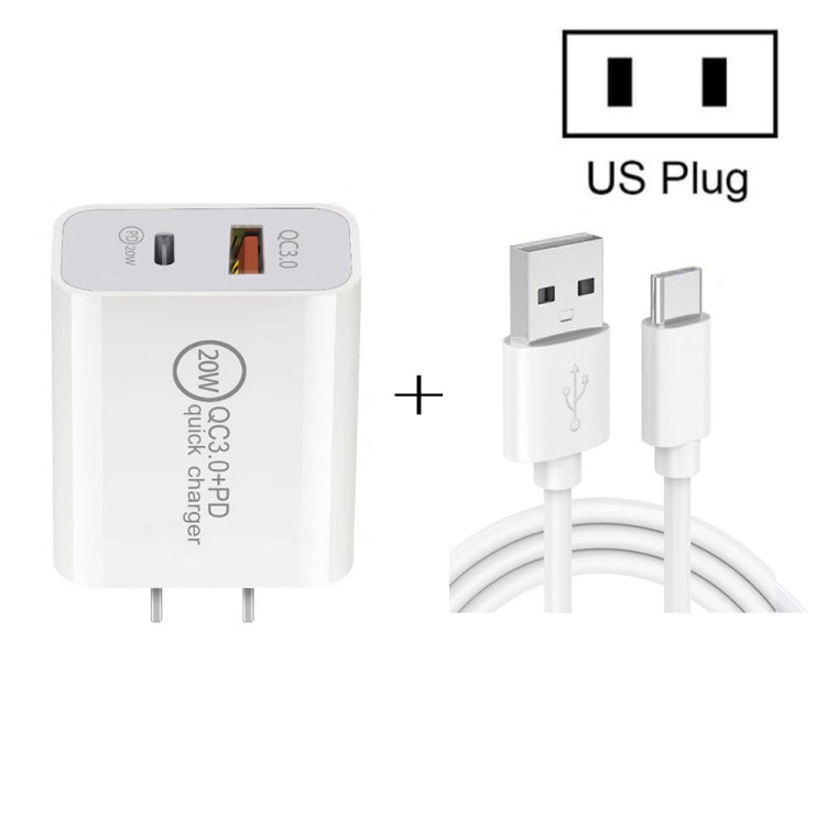 ชาร์จเร็ว 20W PD Type-C + QC 3.0 USB สำหรับเดินทาง พร้อมสายข้อมูล USB เป็น Type-C ชาร์จเร็ว, ปลั๊ก EU, ปลั๊ก US, ปลั๊ก AU