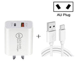 ชาร์จเร็ว 20W PD Type-C + QC 3.0 USB สำหรับเดินทาง พร้อมสายข้อมูล USB เป็น Type-C ชาร์จเร็ว, ปลั๊ก EU, ปลั๊ก US, ปลั๊ก AU