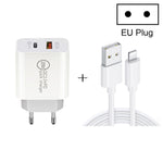 ชาร์จเร็วเดินทาง 20W PD Type-C + QC 3.0 USB อินเตอร์เฟซ พร้อมสายข้อมูล USB ถึง 8 Pin ชาร์จเร็ว, ปลั๊ก EU, ปลั๊ก US, ปลั๊ก AU