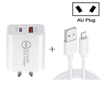 ชาร์จเร็วเดินทาง 20W PD Type-C + QC 3.0 USB อินเตอร์เฟซ พร้อมสายข้อมูล USB ถึง 8 Pin ชาร์จเร็ว, ปลั๊ก EU, ปลั๊ก US, ปลั๊ก AU