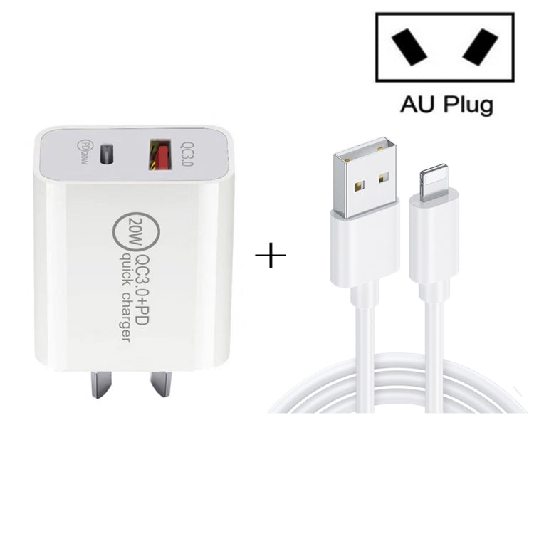 ชาร์จเร็วเดินทาง 20W PD Type-C + QC 3.0 USB อินเตอร์เฟซ พร้อมสายข้อมูล USB ถึง 8 Pin ชาร์จเร็ว, ปลั๊ก EU, ปลั๊ก US, ปลั๊ก AU