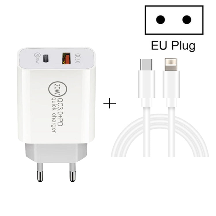 ชาร์จเร็วเดินทาง 20W PD Type-C + QC 3.0 USB อินเตอร์เฟซ พร้อมสายข้อมูล USB-C / Type-C ถึง 8 Pin ชาร์จเร็ว, ปลั๊ก EU, ปลั๊ก US, ปลั๊ก AU