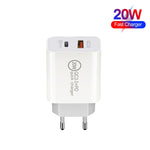 20W PD Type-C + QC 3.0 USB Interface Fast Charging Travel Charger with USB-C / Type-C to 8 Pin Fast Charge Data Cable, EU Plug, US Plug, AU Plug