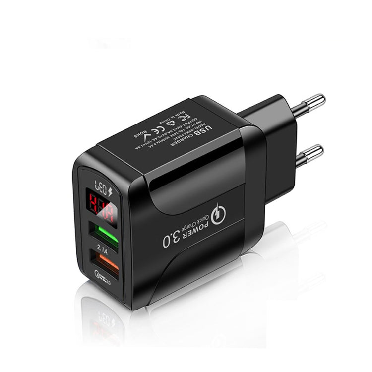 ที่ชาร์จเร็ว F002C QC3.0 USB + USB 2.0 พร้อมจอแสดงผลดิจิทัล LED สำหรับโทรศัพท์มือถือและแท็บเล็ต ปลั๊ก EU
