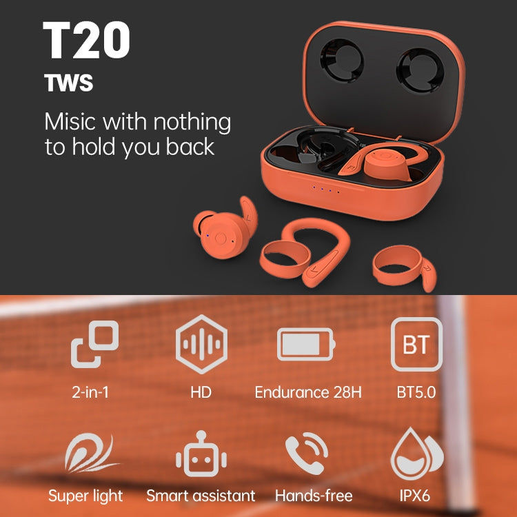 T20 TWS หูฟังไร้สายบลูทูธแบบเกี่ยวหู สำหรับกีฬา พร้อมกล่องชาร์จ กันน้ำ IPX6 หูฟังตัดเสียงรบกวน